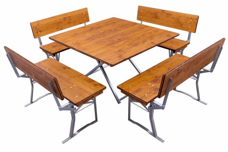 Bierzeltgarnitur quadratisch mit extra breite Bierbänke und Lehne