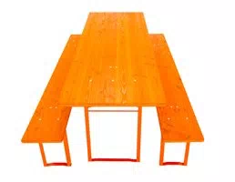 Komplette Bierzeltgarnitur Modell 306 mit orange lasierten Holzplatten und orange pulverbeschichteten Gestellen