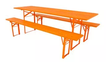 Bierbankgarnitur in RAL 2009 mit 70 cm breitem Tisch und passenden orangefarbenen Bänken für Veranstaltungen