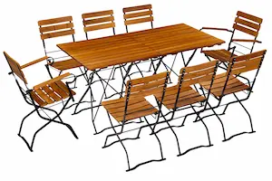 <h3>Biergartenbestuhlung mit und ohne Armlehne</h3>mit zwei Biergartentischen als 8er-Sitzgruppe zusammengestellt, ersetzt große und unhandliche Biergartentische. Bei Unebenheiten ist die Standfestigkeit erheblich besser. Biergartenbestuhlung mit 8 Stühle