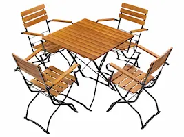<h3>Biergartenmöbel mit quadratischem Tisch kaufen</h3>75 cm X 75 cm, vier Biergartensessel mit Armlehne. Biergartenmöbel kaufen