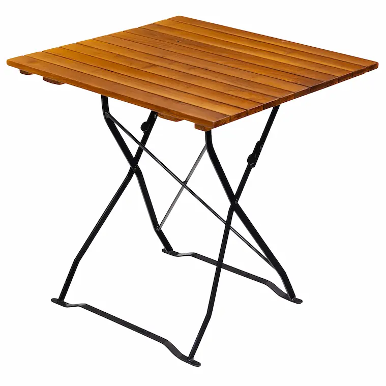 Quadratischer Biergartentisch aus Robinie mit schwarzem Klappgestell für Außenbereiche