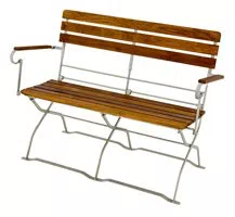 Biergartenbank mit Armlehne Modell 07bg passt optimal an der Längskante unserer Biergartentische 05bg mit 120 cm Kantenlänge. Biergartenmöbel Robinie für zwei Personen