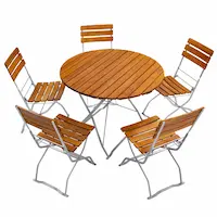 Biergartenmöbel mit Rundtisch und einer Aufstellung mit 5 Stühle. Runde Biergartentische haben den Vorteil das man diese Tische bei Bedarf immer um einen Sitzplatz erweitern kann, dies geht zwar nur begrenzt ist aber bei eckigen Varianten schlecht möglich. Biergartenmöbel mit Rundtisch und Stühle