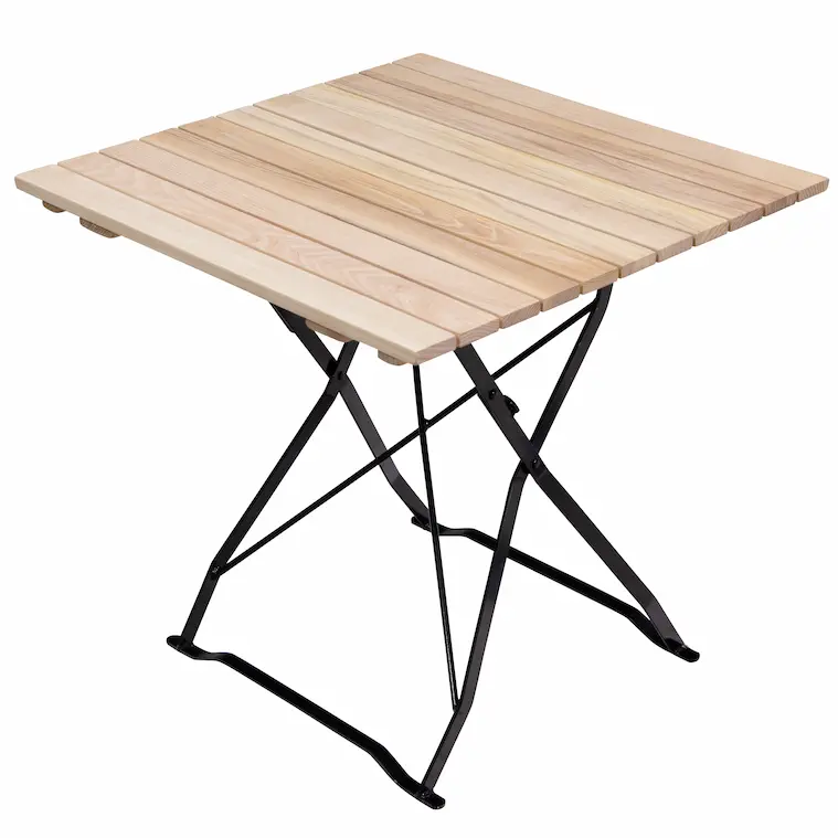 Quadratischer Biergartentisch 75 × 75 cm aus unbehandelter Robinie mit schwarzem Gestell