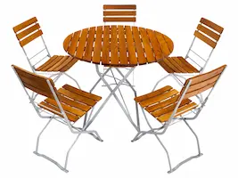 Biergartenmöbel rund und klappbar in einer Aufstellung für 5 Personen. Der Rundtisch kann auch mit anderen Stühlen aus unseren Biergartensortiment kombiniert werden. Biergartenmöbel rund und klappbar