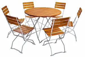 Rundtisch für Biergartenmöbel mit 6 Stühle ohne Armlehne Gestelle verzinkt Holzart Robinie braun lasiert. Rundtisch für Biergartenmöbel