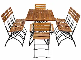 Es hat sich herausgestellt, dass zwei kleinere Tische zusammengestellt wesentlich flexibler genutzt werden können, deswegen haben wir die Produktion von sehr großen Tischen eingestellt. Biergartenmöbel zwei Tische zu einer Sitzgruppe