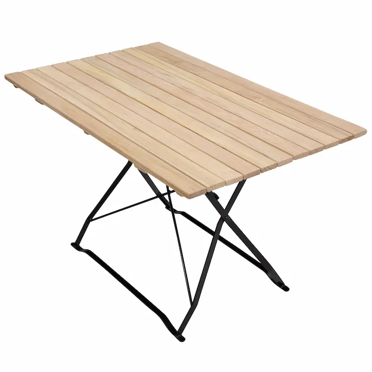 Biergartentisch 120 × 75 cm aus unbehandelter Robinie mit schwarzem Klappgestell