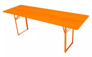 Orange lasierter Biertisch mit 220 cm Länge, 70 cm Breite und passend pulverbeschichtetem Metallgestell