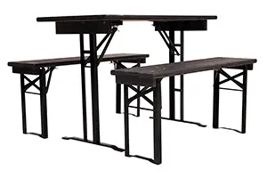<h3>Bierzeltgarnitur Nr. 133 Holzfarbe anthrazitgrau</h3>mit dreischichtigen Holzplatten, Gestelle schwarz pulverbeschichtet. kurze Bierzeltgarnituren Antrazitgrau
