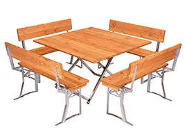 Besonders komfortable Bierzeltgarnituren mit quadratischen Biertischen mit und ohne Lehne.