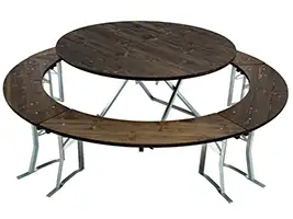 Die Bierzeltgarnitur besteht aus fünf Bänke und einem Rundtisch. Die Bierbänke sind zusammengeklappt jeweils 5 cm dick, der Rundtisch ist zusammengeklappt 9 cm dick. Bierzeltgarnitur 150 cm rund klappbar