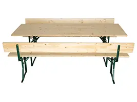 Die abgebildete Bierzeltgarnitur hat eine Länge von 220 cm. Es sind aber alle Längen zwischen 110 cm bis 220 cm lieferbar. Bierbank mit Lehne klappbar