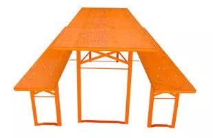 Orange Bierzeltgarnitur mit 70 cm breitem Biertisch, 27 cm breiten Bierbänken und Holzplatten aus Douglasie