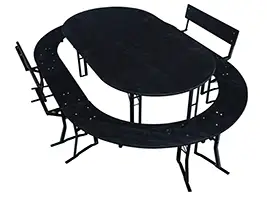 Weil diese Holzschutzlasur stark deckend ist, ist die Holzstruktur nur schwach sichtbar. Der Tisch hat eine Länge von 220 cm mit Rundungen an beiden Stirnseiten. Die Rundungen haben einen Radius von 60 cm. ovale Bierzeltgarnitur mit Tisch 220 cm lang