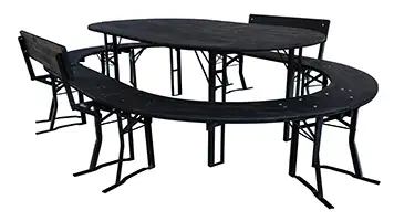Diese Bierzeltgarnituren sind optimal, wenn Sie viele Gäste an einem Tisch mit großen Tellern verköstigen wollen. Eine Bierzeltgarnitur, oval mit vierbeinigem Tisch, benötigt eine Mindestgröße. Würde man eine solche ovale Festzeltgarnitur verkleinern, dann gäbe es erhebliche Einbußen beim Komfort und beim Angebot an Sitzplätzen. Optimale Bierzeltgarnitur für viele Gäste