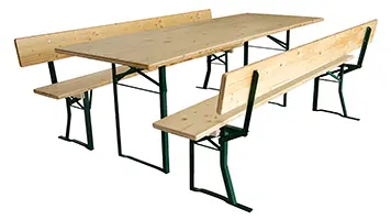 80er Bierzeltgarnitur klar lackiert mit dreischichtigen Platten aus Fichtenholz, Biertisch 80 cm breit, Bänke mit Rückenlehne klappbar. Die Gestelle der Bierbänke sind klappbar mit automatischer Sicherung der Lehne. Bierzeltgarnitur mit Rückenlehne klarlackiert
