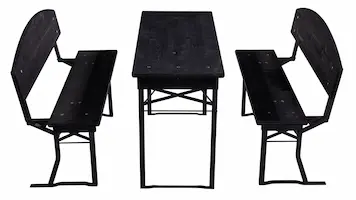 <h3>Diese Bierzeltgarnitur mit Rundung</h3>in der Lehne ist komplett schwarz. Die Untergestelle sind schwarz matt lackiert und die Holzplatten sind ebenfalls mit der RAL-Farbe 9005 lasiert. Bierzeltgarnitur mit Rundung 179