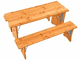 Schrägansicht auf Tischplatten und Bankflächen ohne sichtbare Schrauben Bierzeltgarnitur Modell 309 in Schrägansicht von oben mit Tisch und Holzbänken