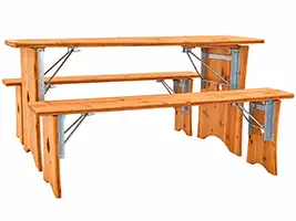 Überklappsystem für die klappbaren Tischbeine aus Holz Klappbare Bierzeltgarnitur Modell 309 mit übereinander klappenden Holzbeinen