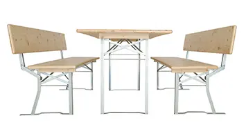 Eine Tischbreite von 80 cm bei einer Gestellbreite von 44cm erzeugt eine komfortable Beinfreiheit und ermöglicht ein bequemes Einsteigen und Aussteigen. Bierzeltgarnitur Nr.176 von vorne