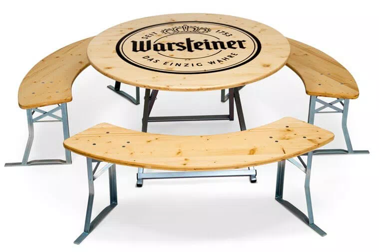 Bierzeltgarnitur rund mit Warsteiner Werbeaufdruck