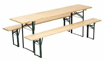 Auf dem Foto sind die <strong>drei Schichten der Holzplatten</strong> sehr gut zu erkennen. Bei der oberen und unteren Holzschicht verläuft die Faser in Längsrichtung, die mittlere Schicht ist quer verleimt. Bierzeltgarnitur Brauereiqualität Standard