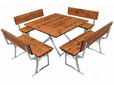 Quadratische Bierzeltgarnitur mit Holztisch und dazugehörigen Sitzbänken