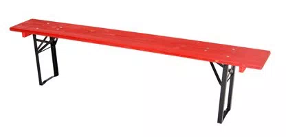 Festzeltbänke im Farbton feuerrot RAL-3000 mit Gestelle schwarz lackiert, dreischichtige Holzplatten aus Fichte 2200 mm x 27 mm. Bierbank rot schwarz Standard