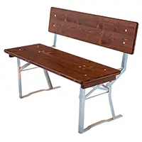Kurze Festzeltbank mit XXL-Sitzfläche, verzinkte Beschläge und dreischichtige Holzplatten. Kurze Festzeltbänke