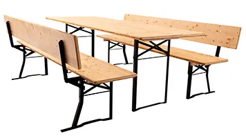 <h3>Festzeltgarnitur mit Lehne</h3>lasiert mit Klaröllasur und besonders bequemen Bänken. Die Bankgestelle haben aufgrund der größeren Holzplatten einen besonders stabilen Klappmechanismus. Festzeltgarnitur mit Öl