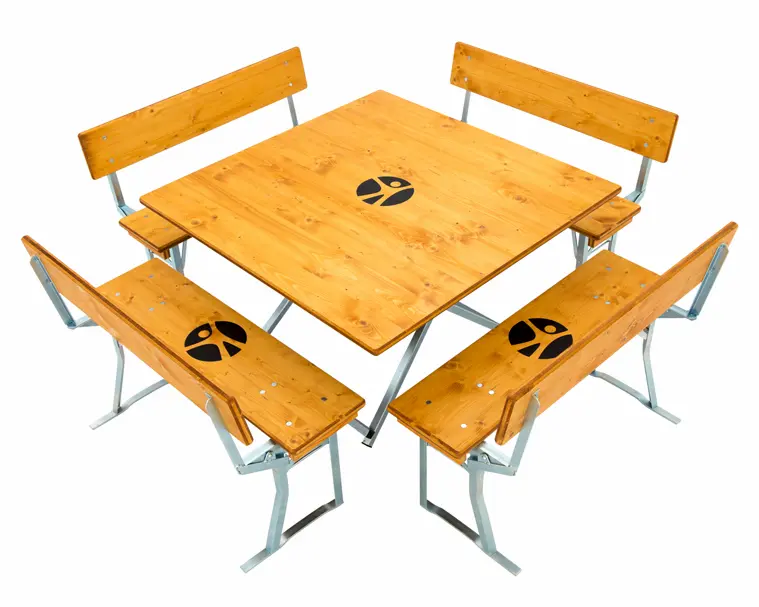 Festzeltgarnitur für 8 Personen Holzfarbe TeakModell 101 + Werbedruck