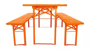 Beschläge der orangefarbenen Bierzeltgarnitur mit galvanischer Verzinkung und Pulverbeschichtung in RAL 2009