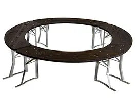 Rundbänke für 150 cm Rundtisch. Diese Bank ist passend zur runden Bierzeltgarnitur Modell 109. Für die runde Festzeltgarnitur Modell 109 wird ein Rundtisch mit Scheren Gestell verwendet. runde Bierbänke kreis 150 cm