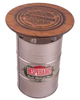 Stehtisch Desperados Fass mit dreischichtiger Fichtenholzplatte 80 cm rund. Die Tischplatte besteht aus drei über Kreuz verleimten Schichten und ist in alle Richtungen bruchsicher. Stehtisch Desperados Fass