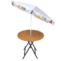 Der Stehtisch ist inklusive der Schirmhalterung klappbar. Dieser kann auf bis zu sechs Zentimeter flach zusammengeklappt werden. Damit passt er problemlos durch jede Tür. Die Tischplatte aus dreischichtigem Holz ist unzerbrechlich. Stehtisch aus Stahl und Holz mit Halter für einen Schirm.