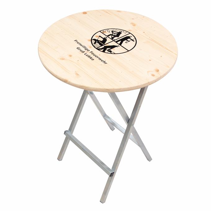 Stehtisch klarlackiert klappbar 80 cm mit Feuerwehr Logo Stehtisch Logo Feuerwehr