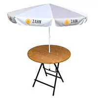 Ein eingebauter Schirmhalter ermöglicht die Nutzung von bis zu 3 m Sonnenschirmen. Wenn man einen Schirmständer benutzt, kann man viel größere Sonnenschirme aufstellen. Sie müssen bei Ihrer Bestellung nur den Rohrdurchmesser angeben. Danach werden wir die Tischplatte mit dem passenden Loch vorbereiten. Dann ist der Schirmhalter nicht nötig. Der Stehtisch mit Sonnenschirmhalter verträgt Sonnenschirme bis zu drei Meter Durchmesser.