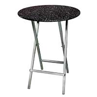 Die Tischplatte ist rund, dunkel, wetterfest und hat eine marmorierte Oberfläche. Sie besteht aus Polyethylen und hat einen Durchmesser von 80 cm. Die genannten PE-Platten erweisen sich als optimal geeignet für den ganzjährigen Außeneinsatz. Stehtisch mit dunkler Polyethylenplatte, unkaputtbar.