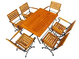 <h3>Terrassenmöbel hoch belastbar</h3>Diese Terrassenmöbel – Essgruppe hat eine Tischfläche von 80 cm × 120 cm und ist für 6 Personen ausgelegt. Durch die robuste und unzerbrechliche Tischplatte aus Robinienholz und ein aus Bandstahl gefertigtes, klappbares Untergestell ist der Tisch bis zu 300 kg belastbar. Es könnten problemlos vier Personen mit einem Gewicht von jeweils 75 kg auf dem Tisch sitzen. Terrassenmöbel mit 80 cm × 120 cm Tischfläche