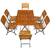 <h3>Terrassenmöbel-Set mit rechteckigem Tisch und 6 Stühlen</h3>Die Sitzflächen, Rückenlehnen sowie die Tischplatte bestehen aus massivem Robinienholz. Irrtümlicherweise wird dieses Holz auch als Akazienholz bezeichnet. Terrassenmöbel mit sechs Stühle aus Akazie