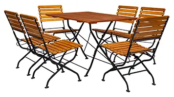 Im Biergarten wird diese Tisch-Stuhl-Kombination häufig verwendet. Der Tisch ist sogar der am meisten verkaufte Tisch unserer Terrassenmöbel. Terrassenmöbel für den Biergarten