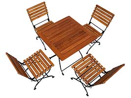 <h3>Eine kleine Gruppe von Terrassenmöbeln</h3>bestehend aus fünf Teilen, darunter vier bequeme, klappbare und extra breite Stühle. Der Tisch weist eine quadratische Form mit einer Kantenlänge von 80 cm und einer Aufstellhöhe von 75 cm auf. Der Esstisch kann vier Gästen genügend Platz bieten. Essgruppe aus Terrassenmöbel vier Personen