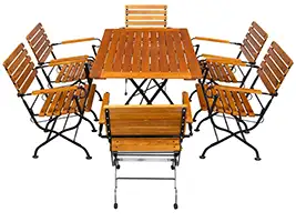 Das abgebildete Terrassenmöbelset ist ein Produktionsbeispiel aus unserer tm-Serie. Alle Stühle sind mit und ohne Armlehne erhältlich. Bei uns können Sie sich Ihre gewünschten Terrassenmöbel auch selbst zusammenstellen. Musterbeispiel Terrassenmöbel Stühle mit Armlehne