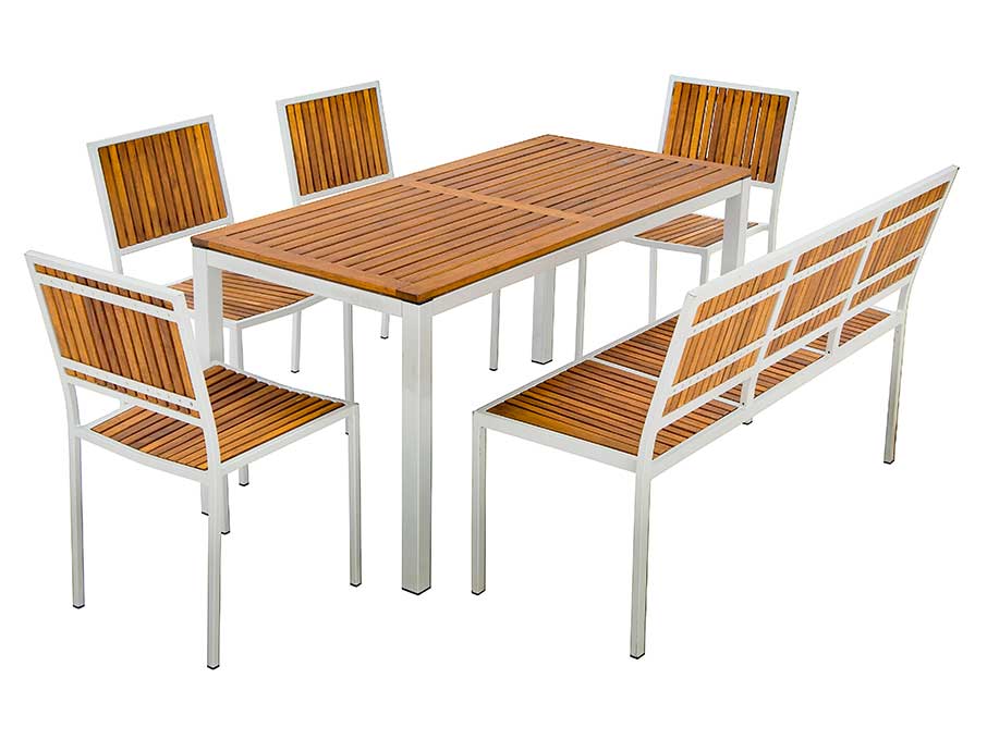 <h3>Dieses sechsteilige Terrassenmöbel-Set</h3>besteht aus vier Stapelstühlen, einer stapelbaren Bank und einem Tisch mit demontierbaren Beinen. In größeren Mengen sind diese Möbel extrem platzsparend, weil die passenden Stühle und Bänke stapelbar sind. Lounge und Terrassenmöbel Set mit Bank stapelbar