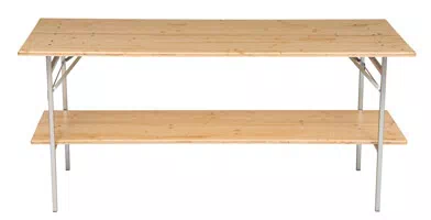 <h3>Mobile Theke klappbar</h3>mit Einlage Böden aus dreischichtigem Fichtenholz, verzinkte Gestelle und Lamellen stopfen als Bodenschoner. Die Einlegeböden sind optional, es funktionieren aber auch Bänke. Theke mit Tisch wie Bierzeltgarnitur