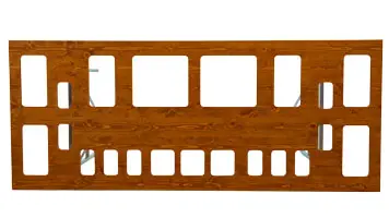 Die Theke hat eine Länge von 220 cm und ist 90 cm breit. Als Farbe haben wir Holzschutzlasur in der Holzfarbe Nussbaum gewählt. Auf der Abbildung sehen ein Produkttonbeispiel mit 21 Ausschnitte für Gastronomie Behälter. Theke mit ausschnitt für Gastronomie Norm Behälter